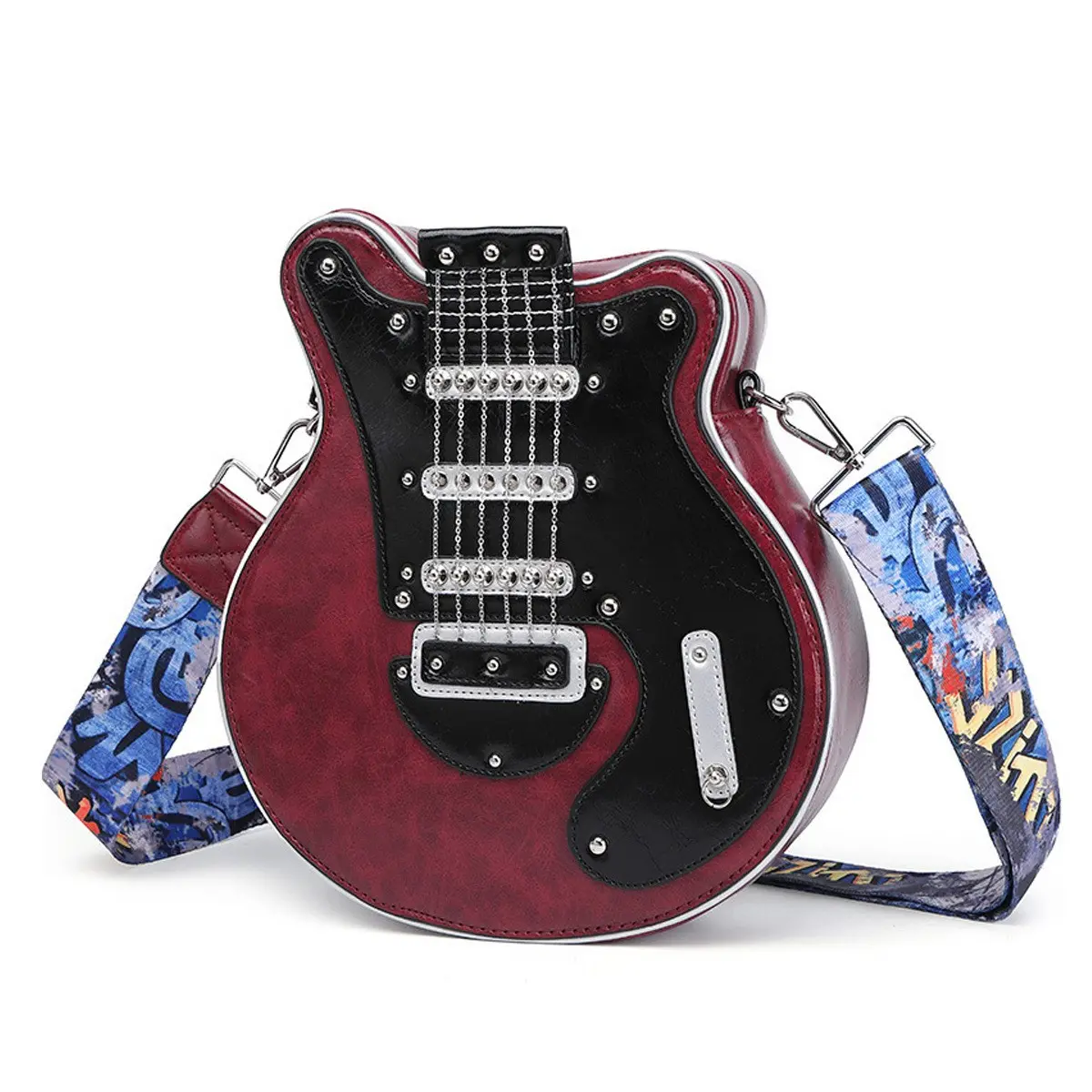 Women's Chic Striped Guitar-Shaped Crossbody Bag - Trendy Rock Style Irregular Shoulder Purse, Musical Instrument Design, Adjustable Strap, Secure Zipper Closure, Lightweight for Music Festivals, Casual Outings