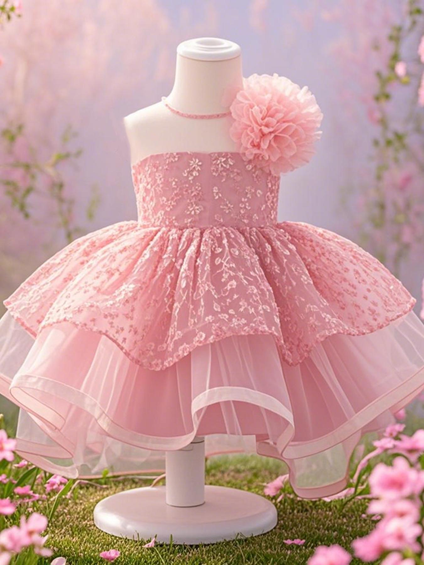 Baby Girl's Floral Print Mesh Ruffle Trim Dress, Elegant Cute Flower Decor Sleeveless Dress for Party Wedding Guest, Infant Toddler Kids Clothes for All Seasons