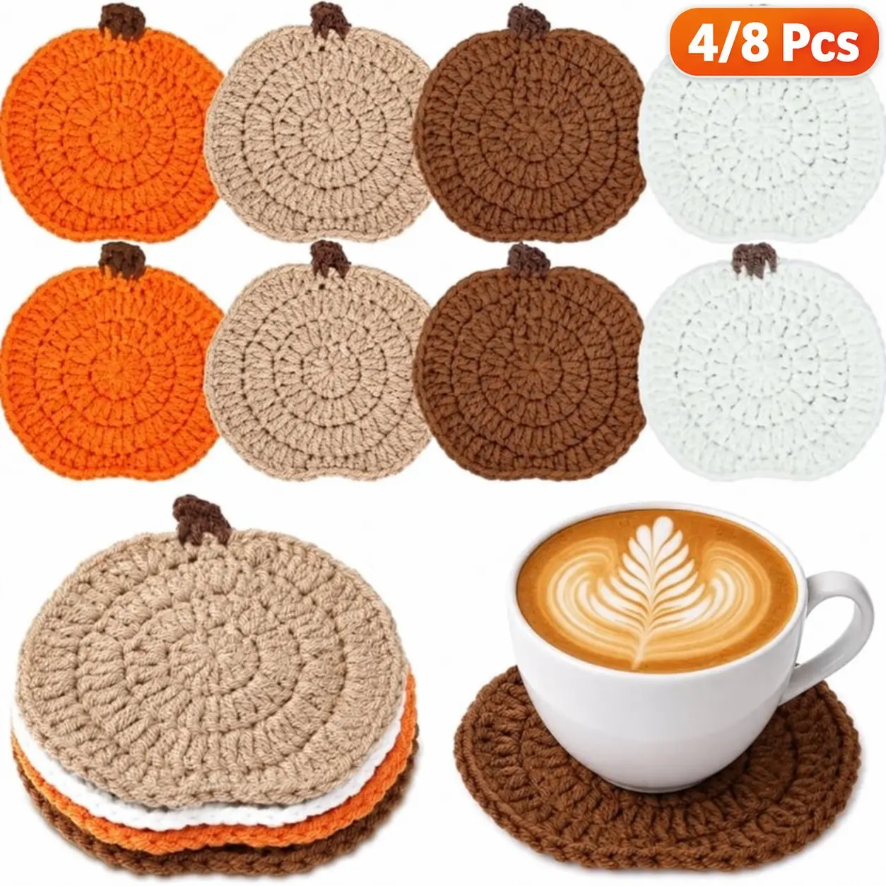 4/8Pcs Fall Crochet Pumpkin Coasters, Coaster Set, 4.72" Handmade Woven Drink Cup Mats in Orange, Brown, Terracotta & Beige, Halloween Thanksgiving Table Decor, Autumn Knitted Gift, Black Friday Deal