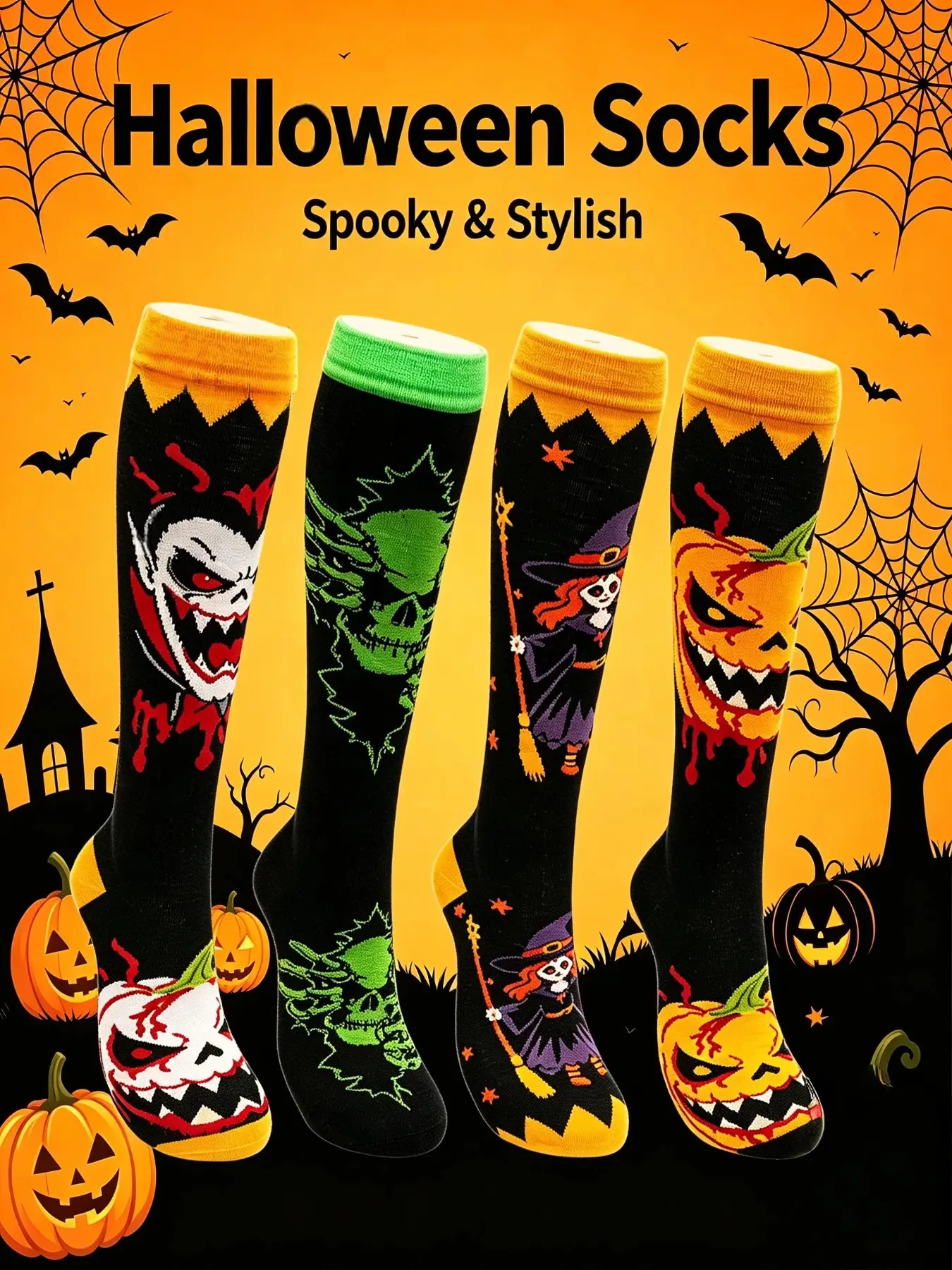 Halloween Cartoon Monster Ghost Skull Ankle Socks, 4 Pairs, Compression Crew Socks, Fun Print Party Socks for Men and Women
