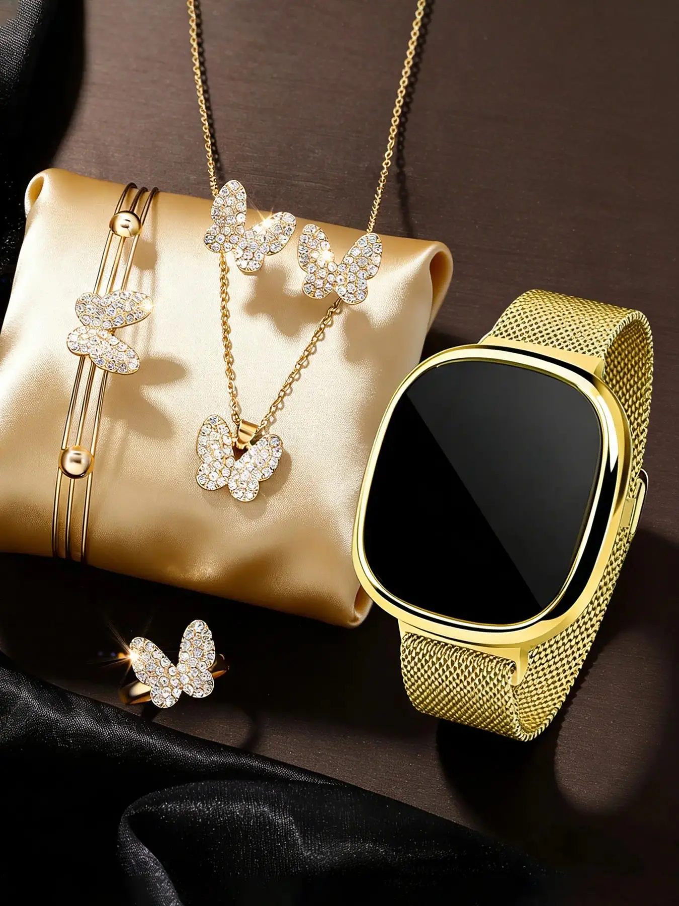 Women's LED Touchscreen Electronic Watch Set with Butterfly Bracelet Necklace Ring Earrings, Magnetic Alloy Strap, Perfect Gift, Trendy Watch Set