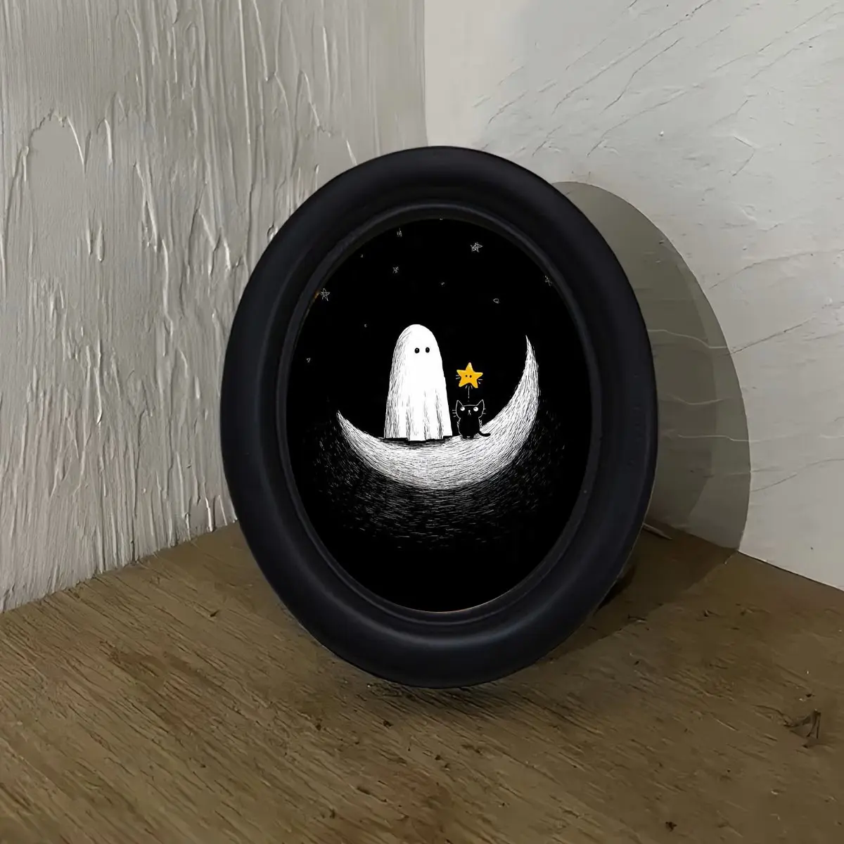 Vintage Minimalist Moon Ghost Cat Painting Frame, Oval Frame for Halloween Christmas Thanksgiving Home Office Wall Decor, Photo Frames