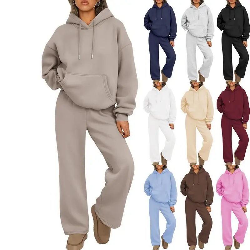 Women's 2 Piece Lounge Sweater Set, Casual Loose-Fitting Fall Outfit with Long Sleeve Oversized Cozy Hooded Top and Sweatpants with Pockets, Sweatshirt, Baggy, Fashion, Clothes