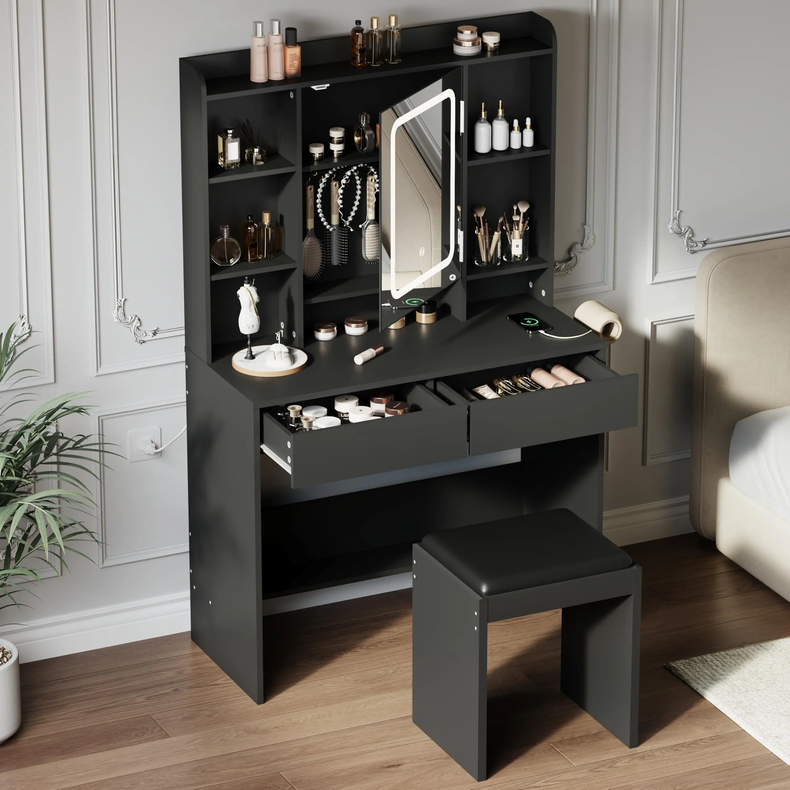 Black Vanity Desk with Mirror and Lights - Includes Padded Stool, Storage Drawers, USB Outlets, Hairdryer Holder, Adjustable LED Light with 3 Lighting Modes, for Bedroom