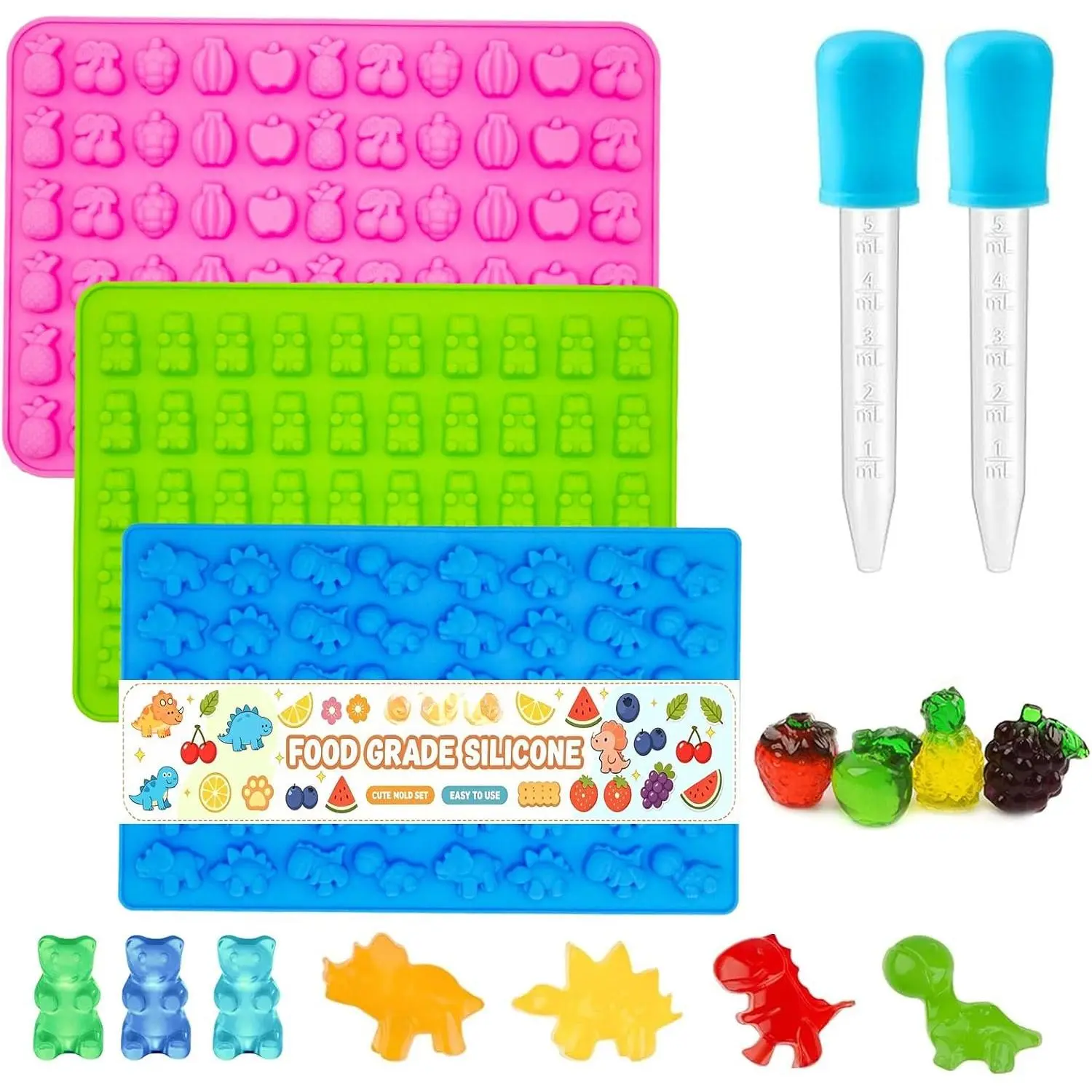 3 count  Candy Molds -  Mini  /Dinosaur/Fruit Snack Molds with 2 count Dropper,Non-stick and  for Candy  Gummies Baking