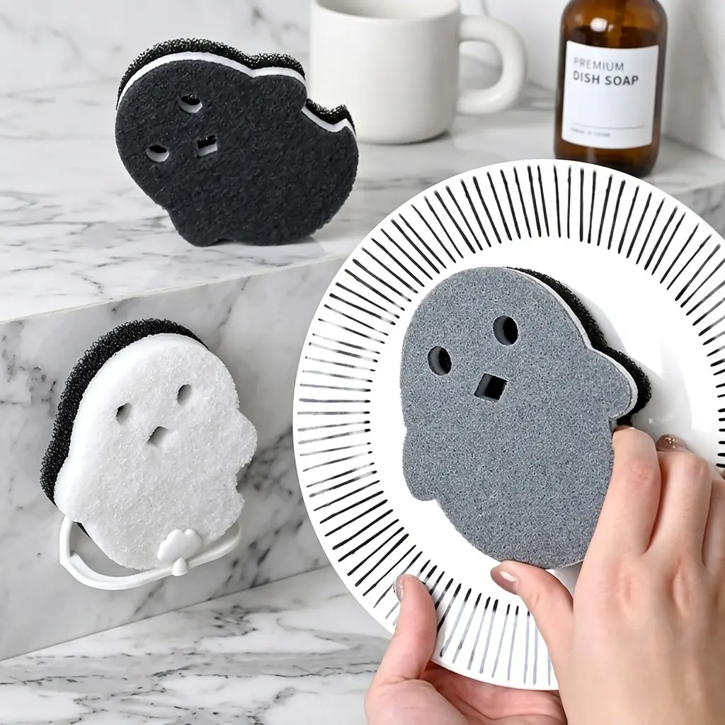 2 Pcs Ghost Cleaning Sponge Eraser Double Sided Halloween Kitchen Bathroom Scrub Pad