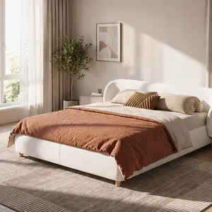 ARCH Upholstered Bed Frame with Cloud-Shaped Wingback Headboard, Boucle Fabric King Size Platform Bed with Wood Slats Support, Low Profile No Box Spring Needed, White/Green Options, for Bedroom, King Size Options, Green/White Color Options