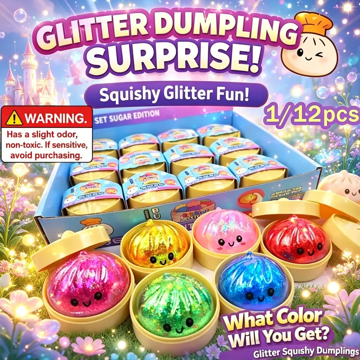 1/12pcs-Glitter Dumpling Squishy Box, Sensory Squeeze Toy for Stress Relief, Soft Decompression Dough for Adults Office and Home Use (Pink