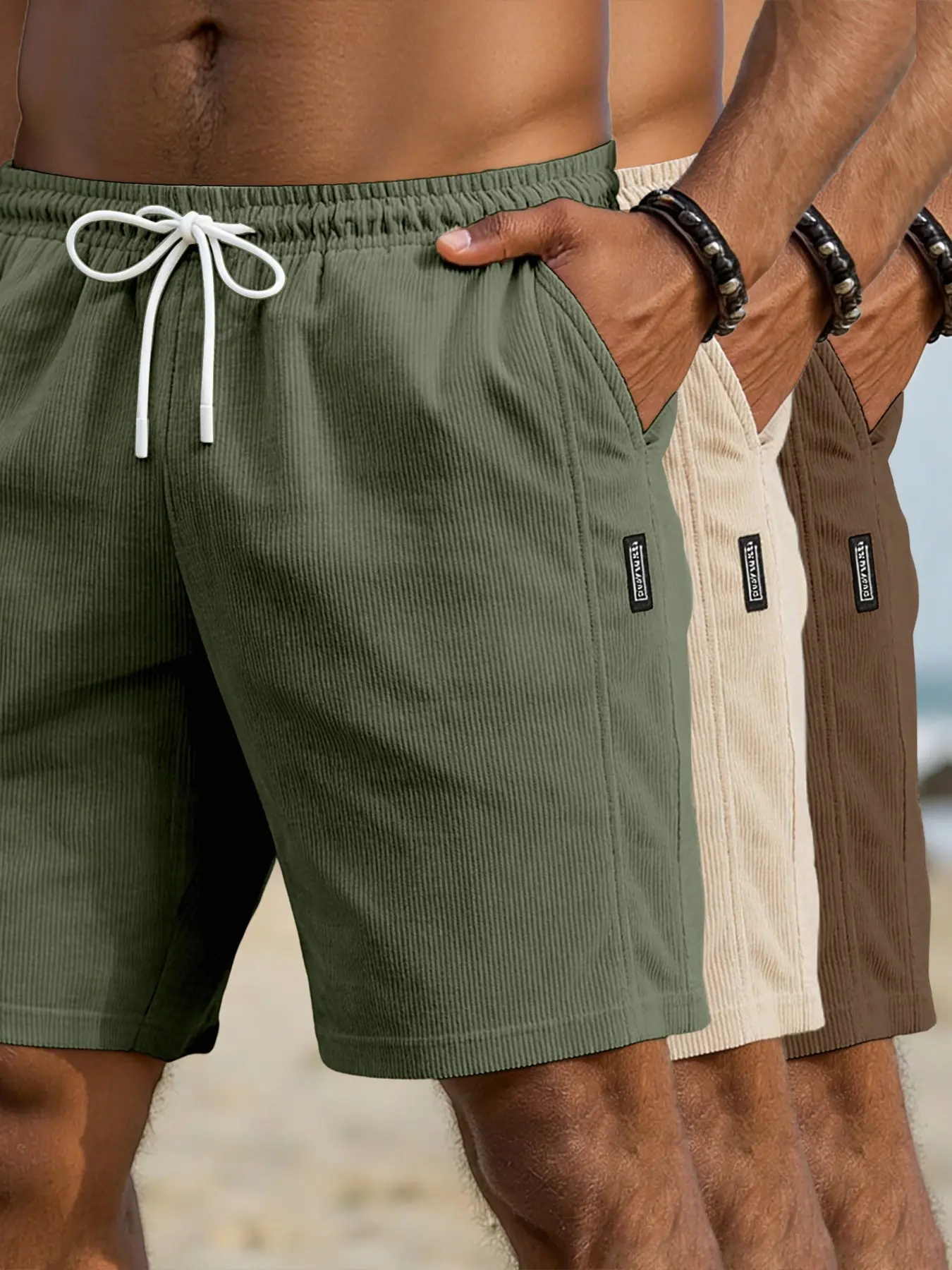 Men's Corduroy Casual Shorts, Drawstring Waist Design, Summer Beach Shorts, Side Pockets, Loose-Fitting, Asymmetrical Style, Bottom Shorts