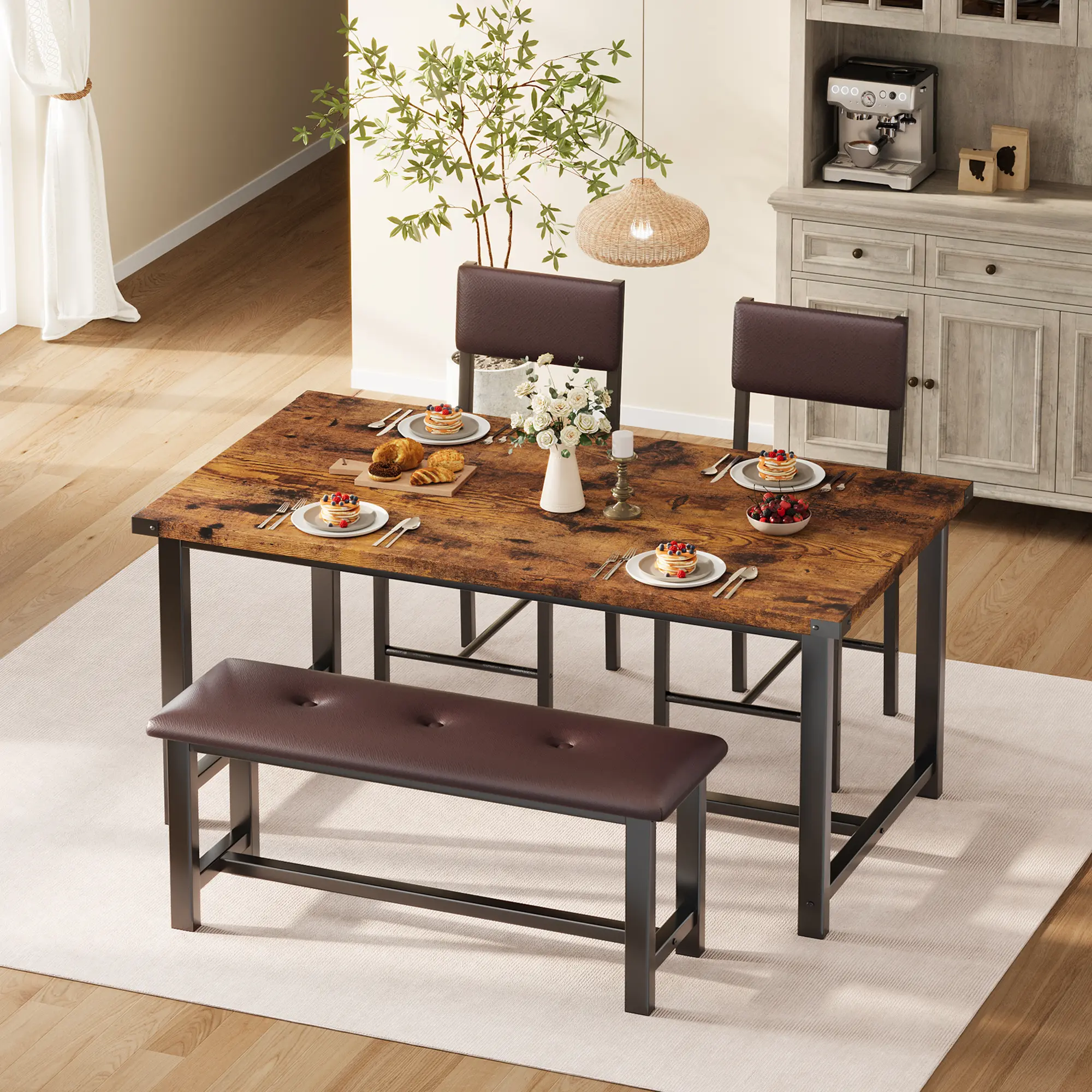 🍽️ Modern 4-Piece Dining Set for Small Spaces – Upholstered Bench, 2 Padded Chairs, Easy Assembly, Stain-Proof Tabletop. Perfect for Apartments! ✨