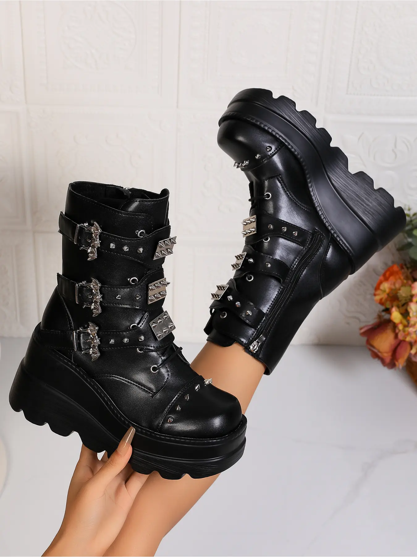 Women Studded Multi Buckle Platform Wedge Ankle Boots Round Toe Side Zipper Gothic Punk Street Booties