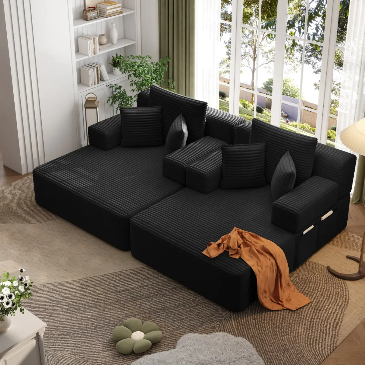 Oversized Double Chaise Lounge 2-Piece Set, Luxurious Plush Corduroy Convertible Sofa Bed with 6 Pillows and Storage Pocket, for Small Spaces,Home Theater, Living Room, Black