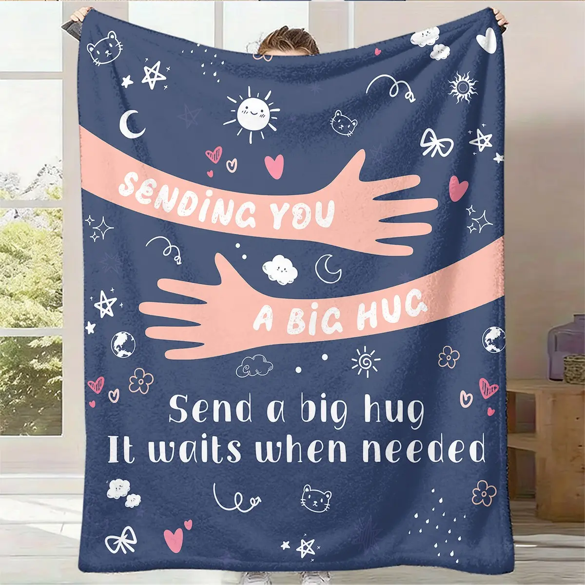 Hand-Drawn Hug Healing Flannel Blanket, Long-Distance Warm Companion Nap Blanket, Comfort Gift for Distant Friends and Family