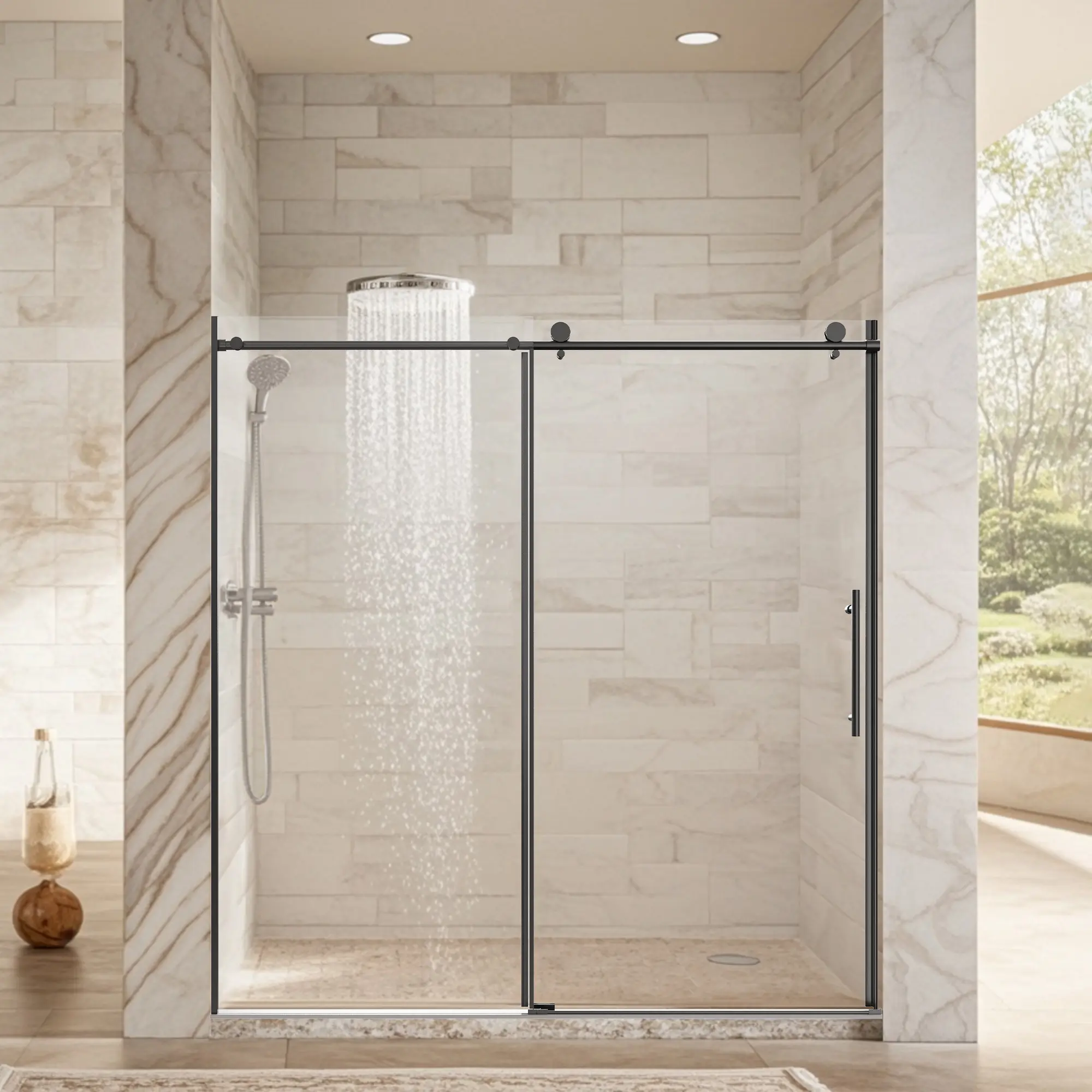 Nokaa Frameless Single Sliding Shower Door 68-72" W x 76" H, 3/8" Clear Tempered Glass, Stainless Steel Round Tube, Matte Black, Reversible Installation for Modern Bathroom