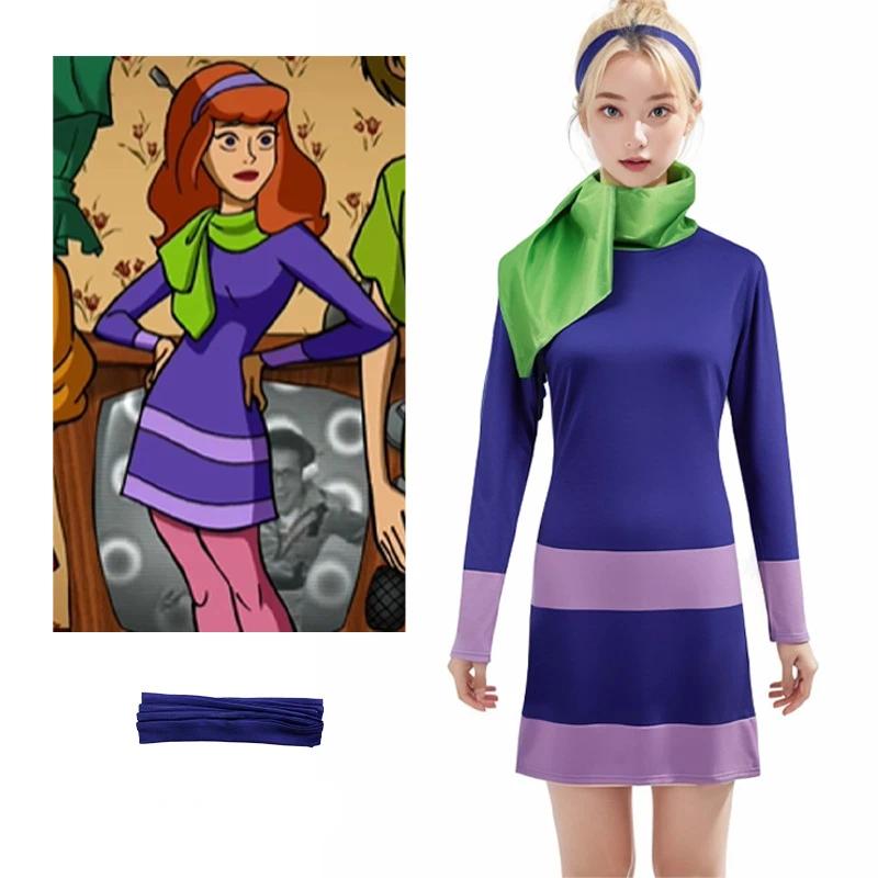 Wholesale Daphne Blake Cosplay Costume Role Play TV Sicoob Dress Headband Socks Set Girls Role Play Cloth Halloween Fantasy