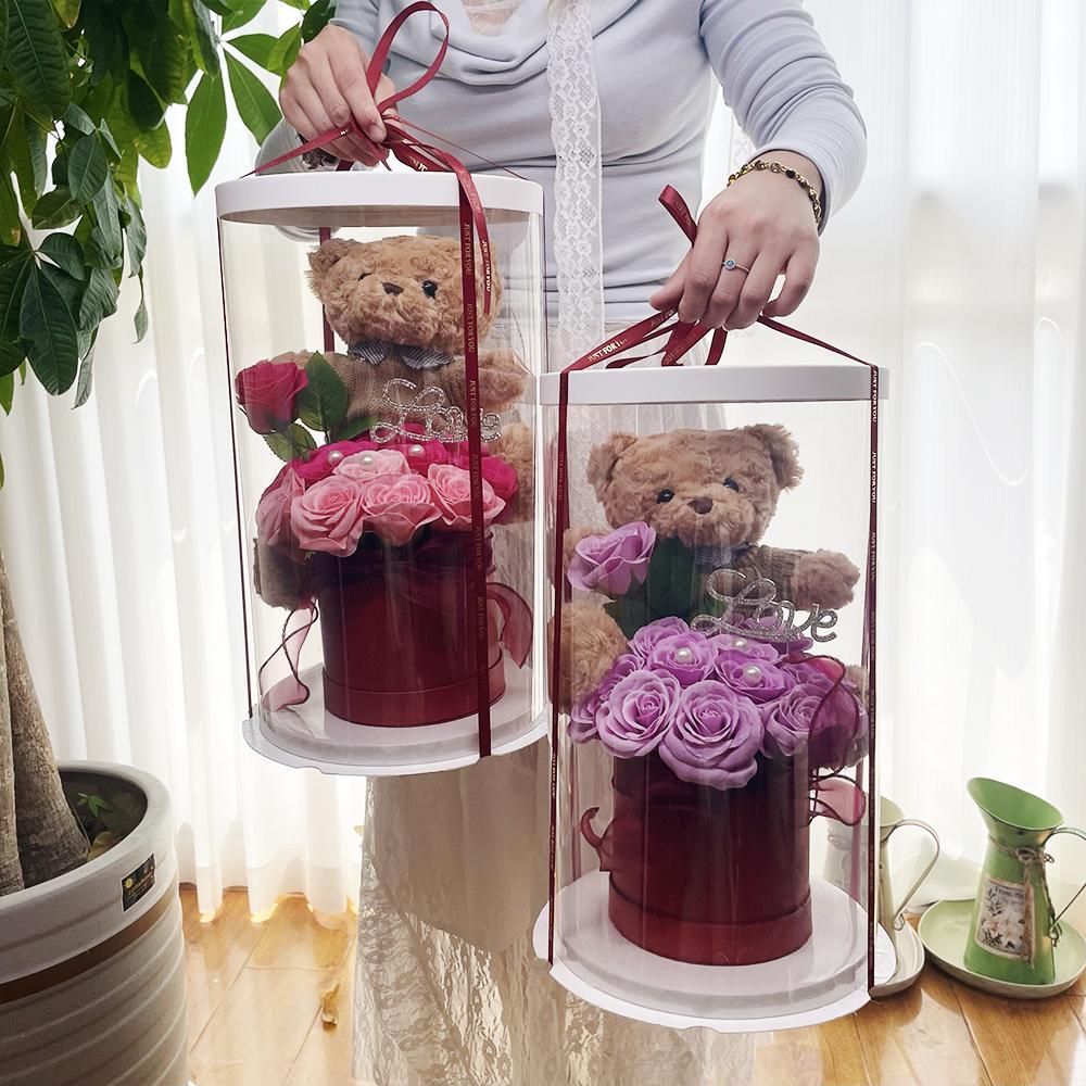 Artificial Flower Gift Box with Bear, 1 Count Romantic Rose Gift Box, Decorative Flowers Bouquet, Birthday Gift, Roses Bouquet, Decorative Vibrant Faux Flowers, Ribbon Roses Bouquet, Glitter Rose #GLOBAL PICKS