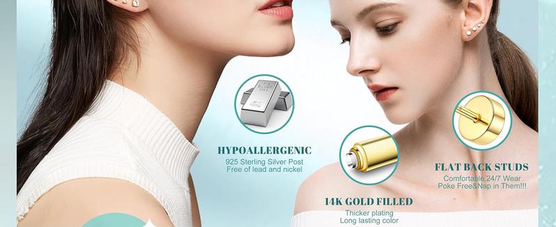 YADOCA Hypoallergenic Flat Back Earrings for Women -  Silver Earrings for Sensitive Ears - Cartilage Earring Helix Conch Tragus Piercing Flatback Cubic Zirconia Earring Set Studs Men 2/3/4/5mm