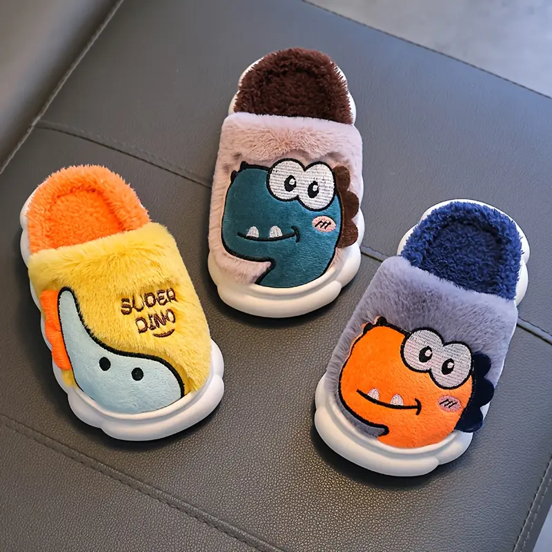 A Pair of Cute Dinosaur-Themed Flat Slippers for Kids, Suitable for Boys And Perfect for Winter