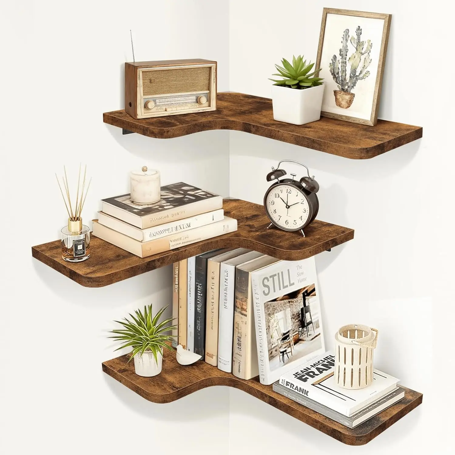 Floating Shelves, Corner Shelves Wall Mounted with Cord Hole, Set of 3 L Shape Wood Wall Storage Shelves for Living Room Bedroom Bathroom Kitchen, Rustic Brown
