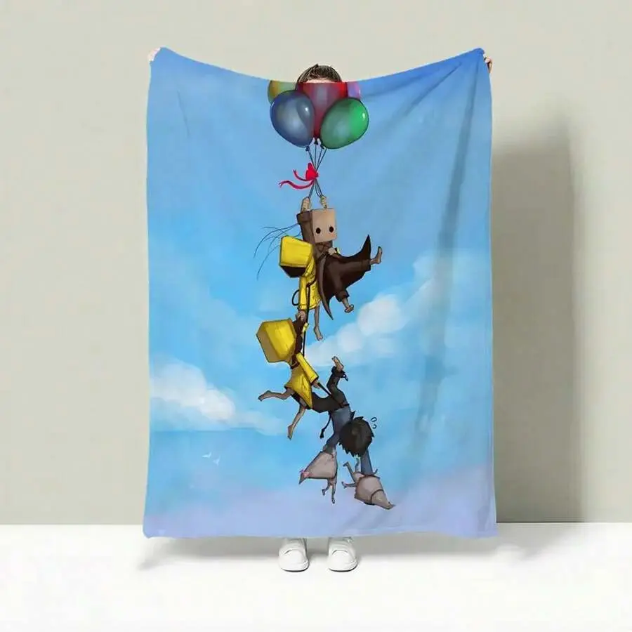 Whimsical Sky Adventure Character Flannel Throw Blanket, Balloon‑Flying Fantasy Art Full‑Print Soft Fleece Blanket, Dreamy Bedroom Decor Gift For Animation Art Fans