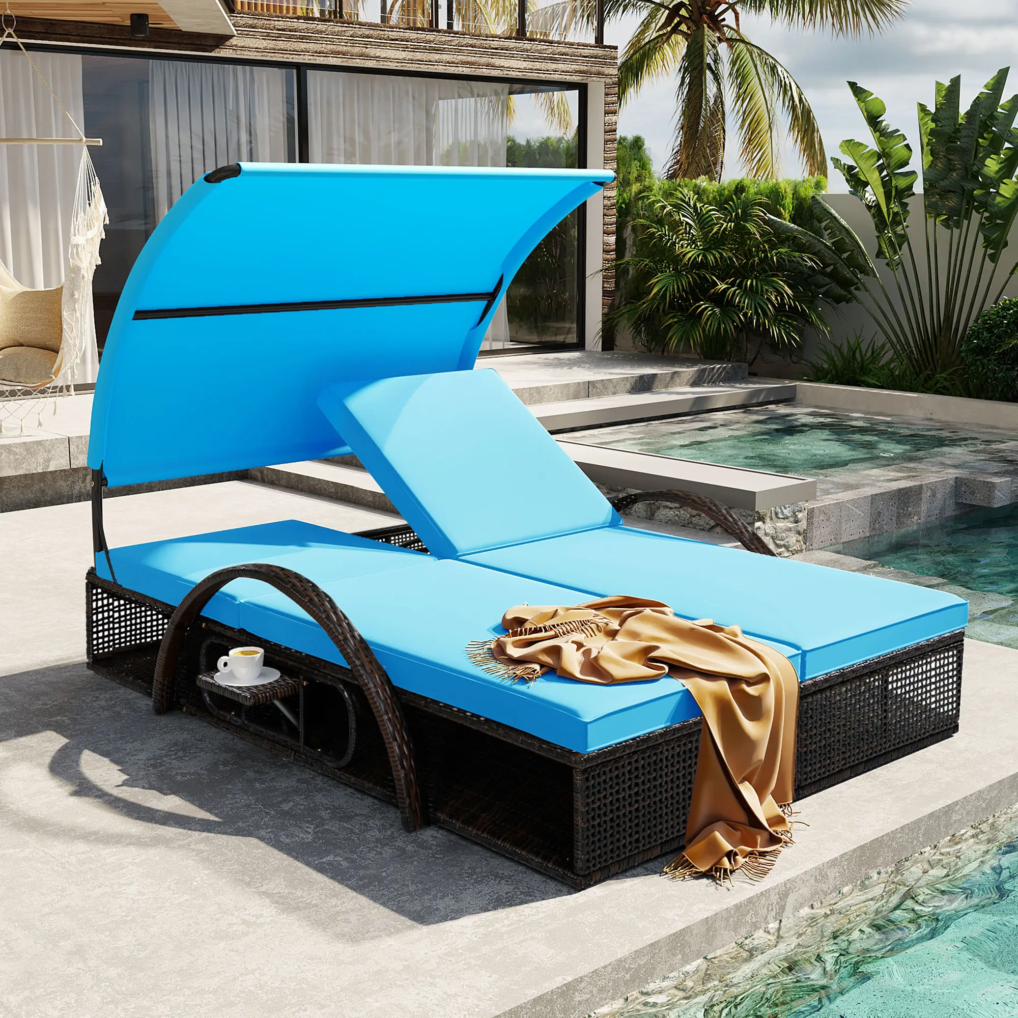 ARCH Outdoor Steel Frame Double Sun Lounger with Adjustable Backrest, Hidden Side Table, Arched Armrests for Patio Pool Deck Garden Backyard, Heavy Duty Sunbed for 2 Persons, Relaxation Lounger, Living Room Table for Sofa Side, Bedroom, Office