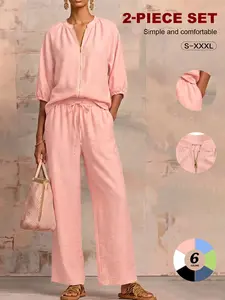 Minimalist Textured Matching Suit, Front Zip Blouse, Loose-Fit Casual for All Seasons, Adult Women's Clothing Set，loungewear set ，Vintage Casual Co-ord Outfit, Soft comfy fabric, skin-friendly