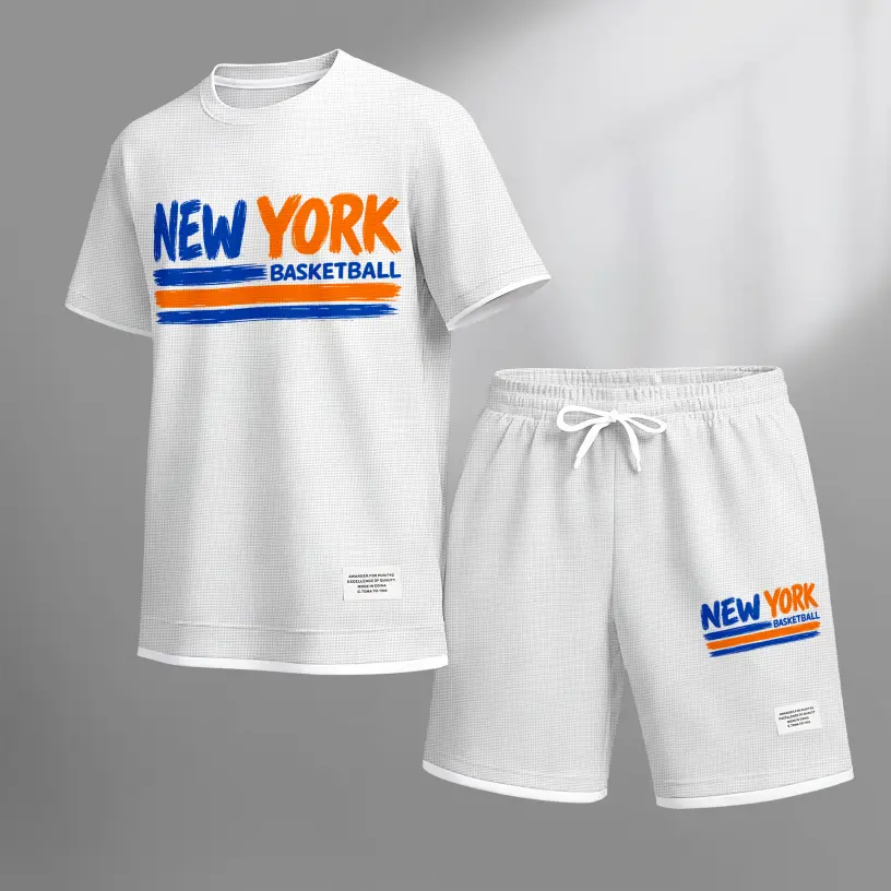 Men’s New York Basketball Graphic Print 2-Piece Set - Loose Fit Shirts, Drawstring Shorts, Polyester, Contrast Trim, Short Sleeve, Lightweight Breathable Streetwear, Machine Washable for Daily Wear, Travel, Two-Pieces