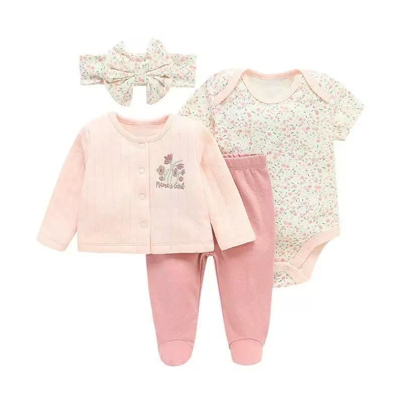 [4-piece cotton pants set] 4-piece boy's cartoon giraffe cotton long-sleeve pants set|   Air cotton, casual round, stretch knit, regular fit, no belt, polyester, autumn and winter season, outdoor