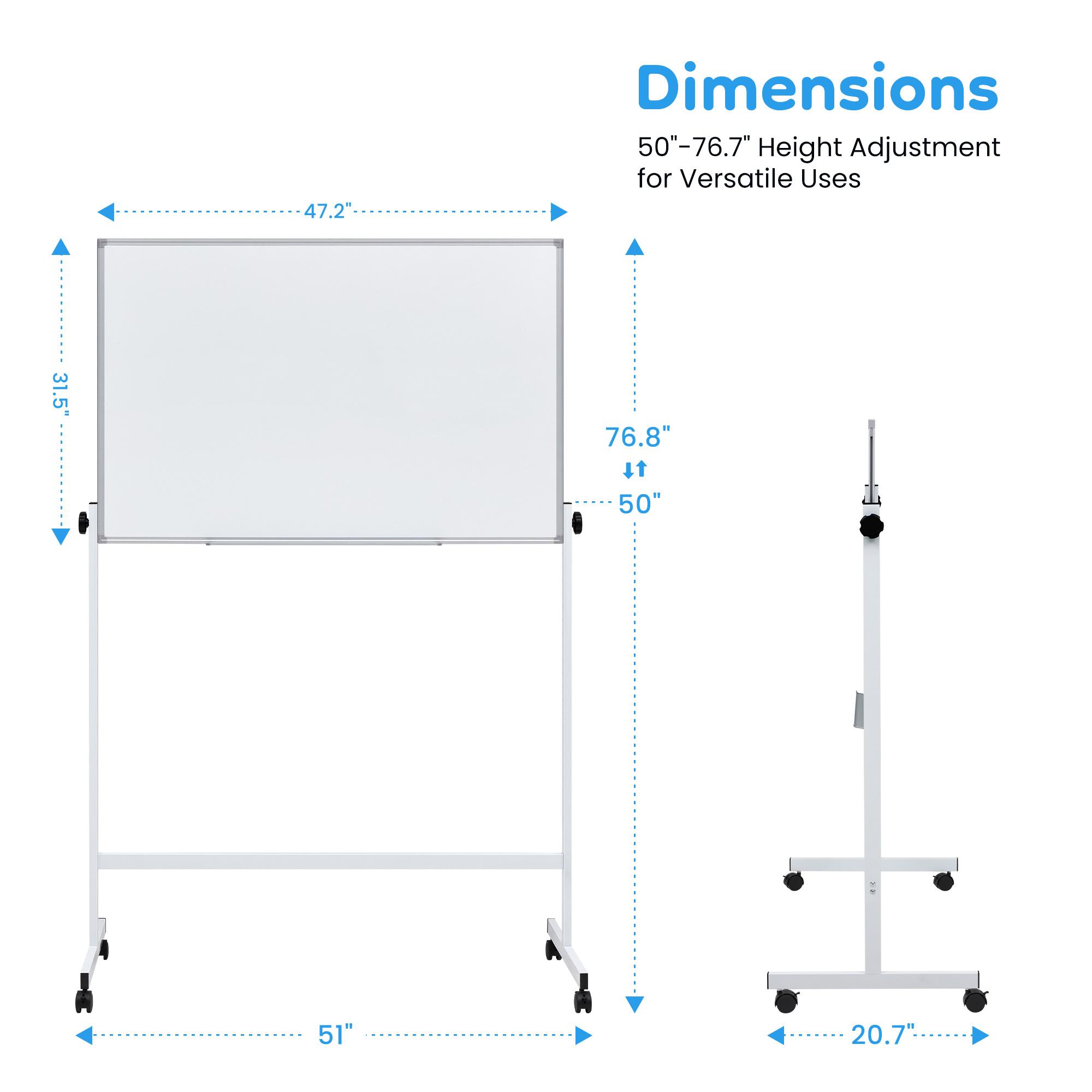 Rolling White Board on Wheels,48" x 32" Large Dry Erase Board with Stand,Big Rolling Whiteboard for Home,Office,School,Easy to Install,Strong and Durable,Double-sided and Height Adjustable,Flexible Mobile Use, Wheels for Home Office,Classroom