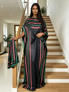 Women Oversized Black Multicolor Vertical Striped Caftan Maxi Dress Two Piece Outfit With Scarf, Loose Flowy Split Side Kaftan Robe, Curvy Friendly Plus Size Beach Cover Up, Soft Fabric Minimal Bohemian Resort Wear, Casual Lounge Night Gown, Summer Vacati
