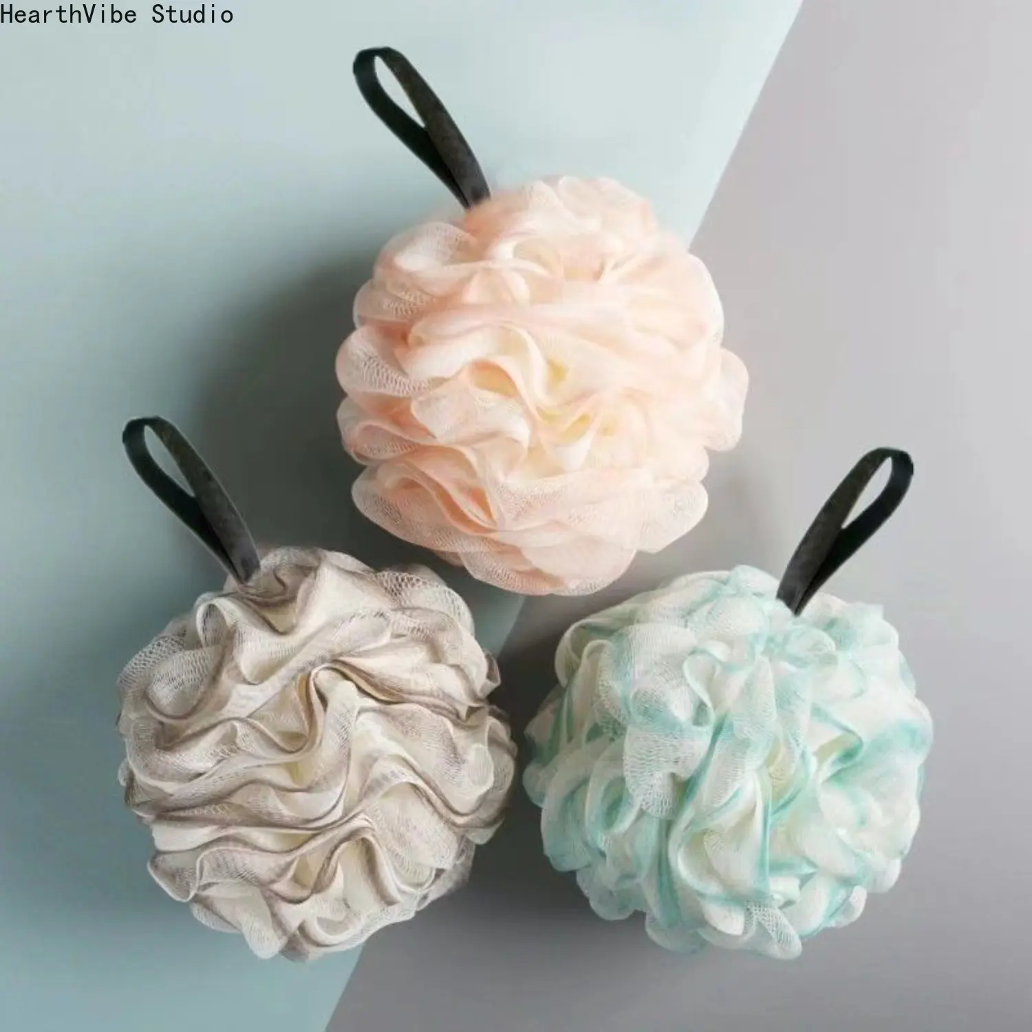 3 Pack Luxury Bath Loofah Sponge Soft Mesh Shower Pouf Body Scrubber Ball with Velvet Hanging Ribbon for Spa Bathroom Hotel