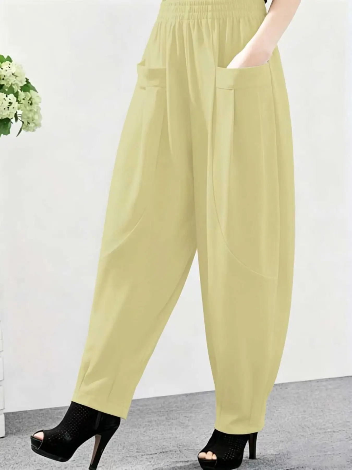 Women's Casual High-Waisted Pocket Lantern Pants, Loose-Fitting Harem Pants, Solid Color, All Seasons, Comfortable and Stylish