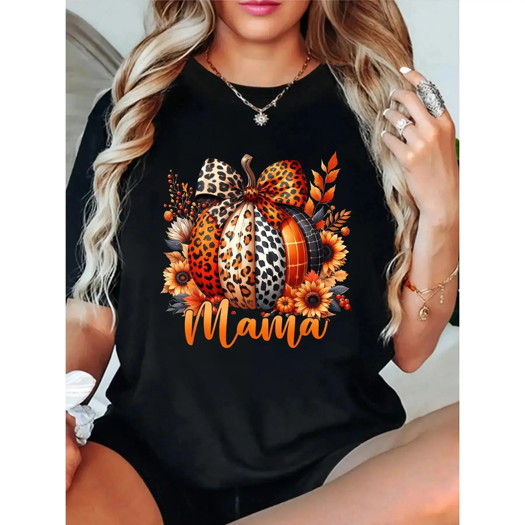 mama Thanksgiving Leopard Pumpkin Sunflower Coquette Bow T-Shirt women's graphic tees fall shirts Casual All-Season Sportswear,Round Neck, Short Sleeve, Machine Washable