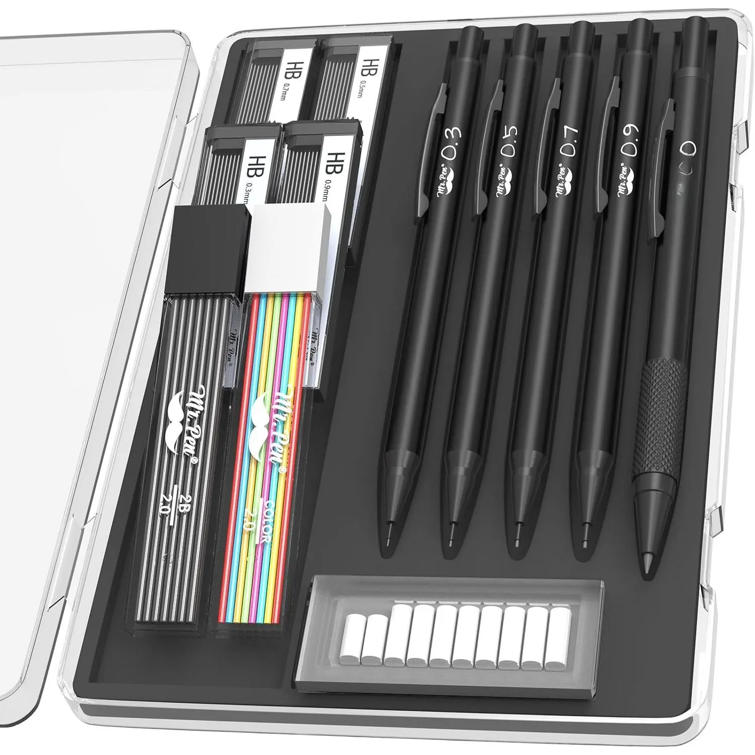 - Metal Mechanical cil Set with Lead Refills & Erasers, 5 Pack | 5 Sizes, 0.3, 0.5, 0.7, 0.9 & 2mm, 6x Tubes HB, 2B & Colored Lead Refills for School Supplies, Note Taking, Fathers Day
