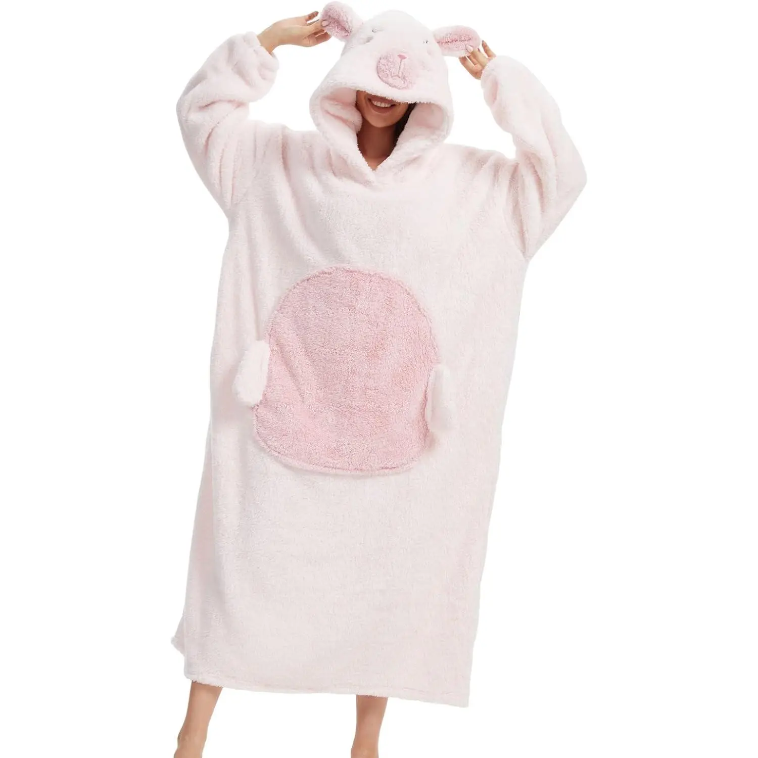 Oversized Adult Wearable Blanket Hoodie – Long Plush Fleece Pullover Sweatshirt with Cute Animal Hood