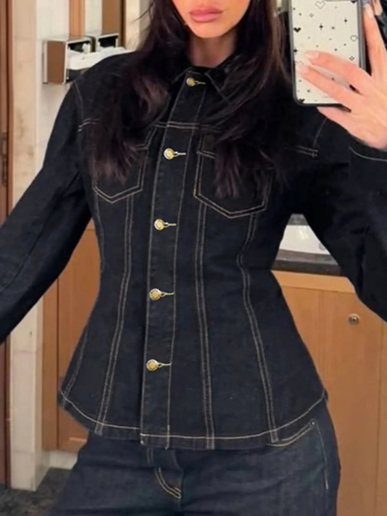 New Fall Winter Women's Retro Denim Jacket, Vintage Denim Shacket Patchwork Design Waist-Flattering Long Sleeve Casual Women's Top, Waist Cinch Slim Fit, Daily Wear Versatile Style
