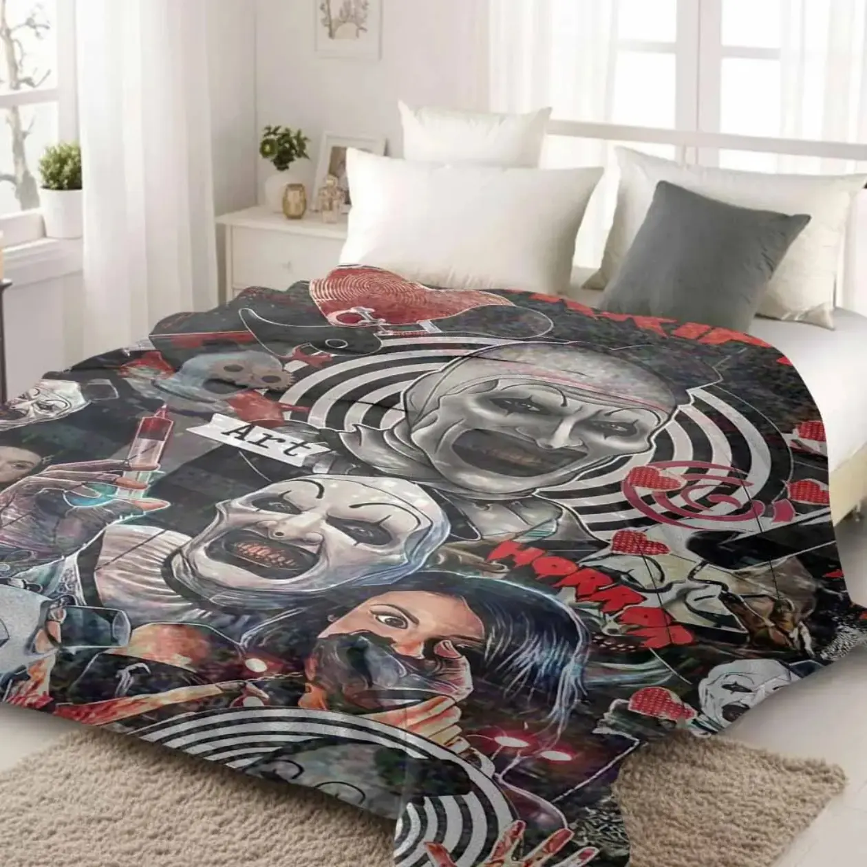 Terrifier Art The Clown Flannel Throw, Horror Figure Design, Soft Cozy Home Decor Accent, Halloween Collector Gift for Fans