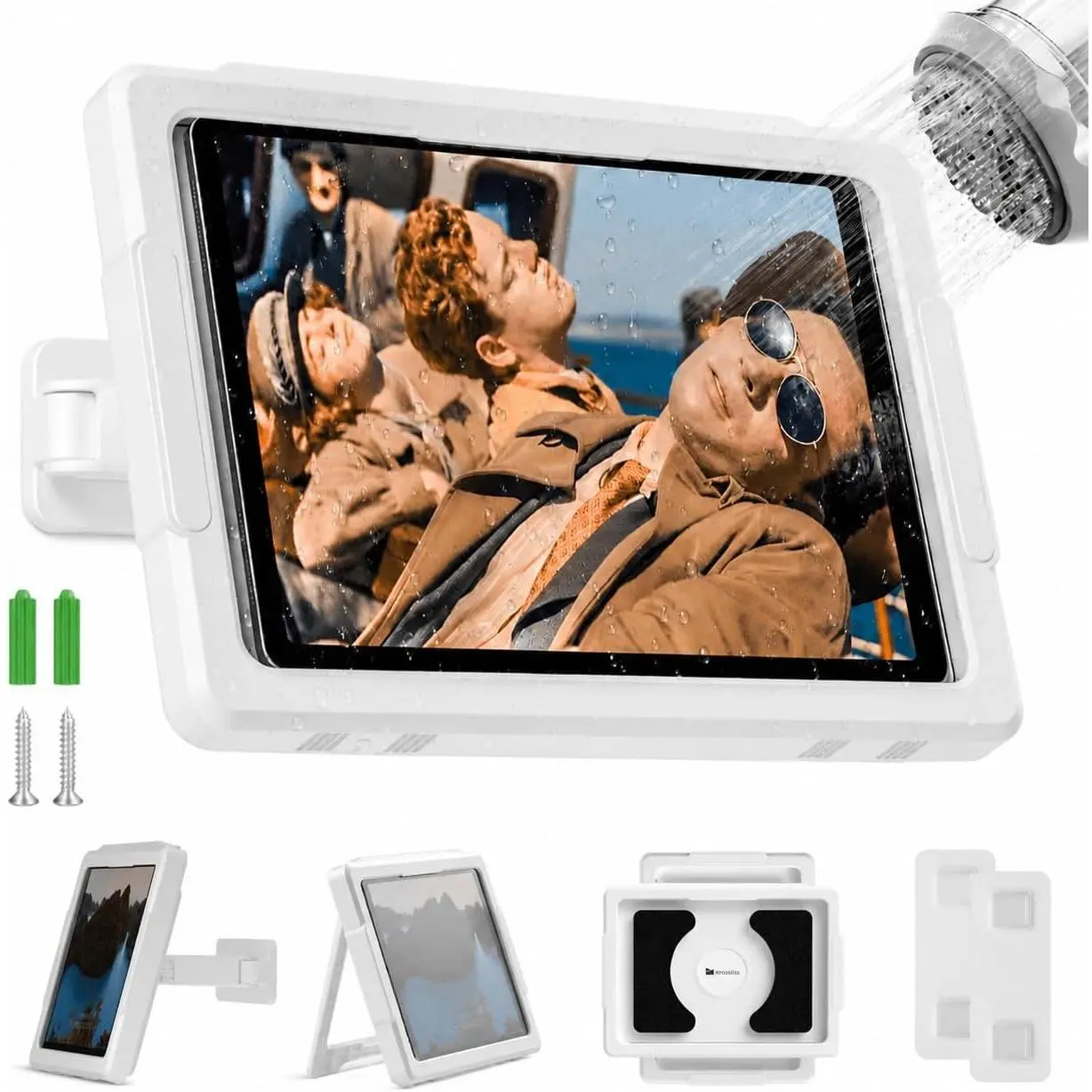 Shower iPad Holder, 480° Rotation Retractable | Bathroom, Bathtub & Shower, Drill or Adhesive Wall Mount, 480° Rotation, Retractable, Fits iPad & Tablets Up to 11" (White)
