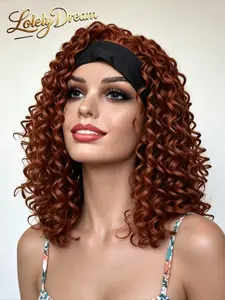 Lolely Dream Glueless No Lace Headband Curly Wig 14 Inch Shoulder Length Burmese Curls Heat Resistant Synthetic Fiber Natural Bouncy Volume Black Brown Shades Grey Blond Ombre Honey Blond Beginner Friendly