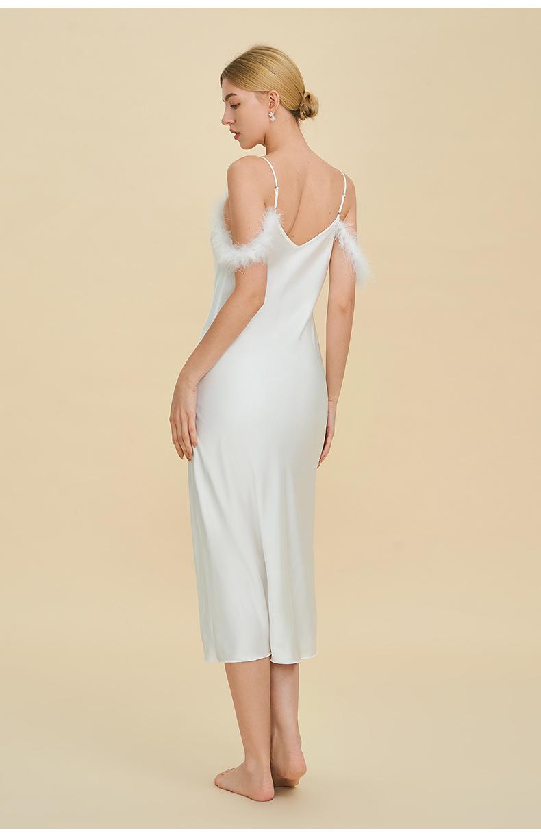 Sexy nightgown with straps, Russian cross-border one-shoulder dress, faux acetate nightgown, light luxury bridesmaid gift, strap dress, sexy off-shoulder feather-trimmed satin long dress, spicy girl style slim-fit bodycon dress