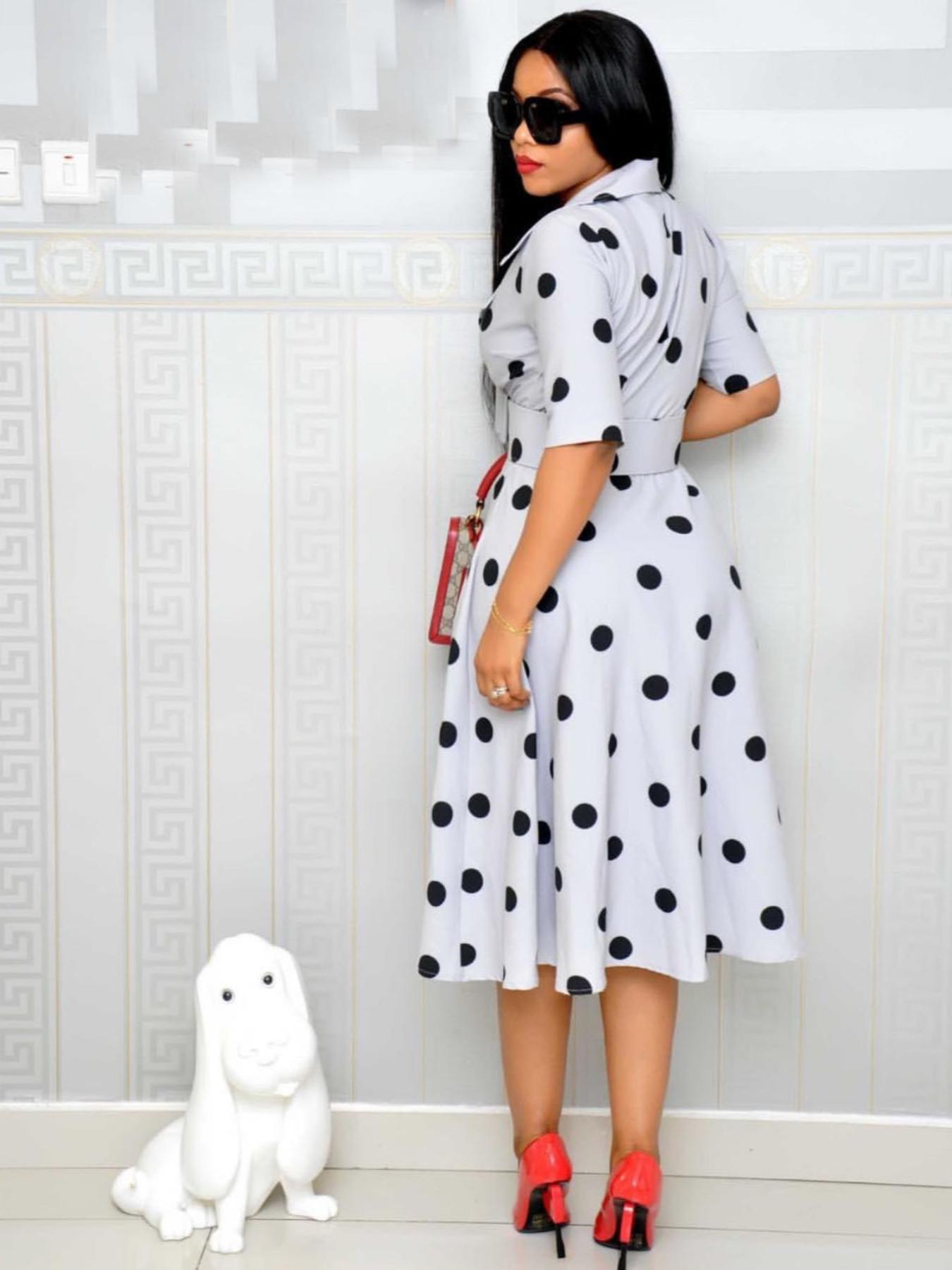 Elegant Chic Women's Midi Dress with Belt, Polka Dot Pattern, Short Sleeve, Fitted Design for Fall Style Elegant Chic Women's Midi Dress with Belt, Polka Dot Pattern, Short Sleeve, Fitted Design for Fall Style