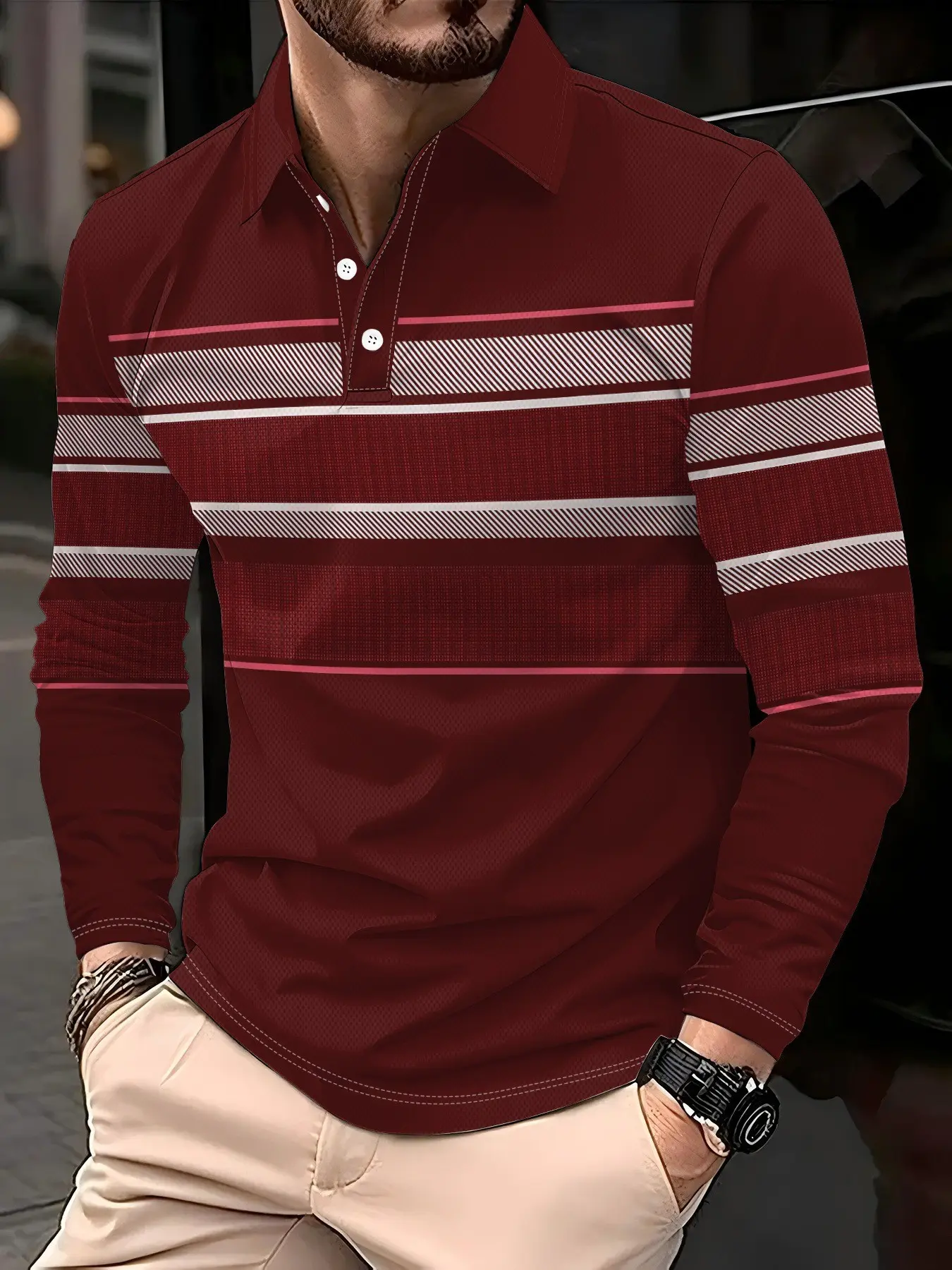 Men's long sleeved polo shirt, layered horizontal stripe print loose men's clothing, versatile top for travel