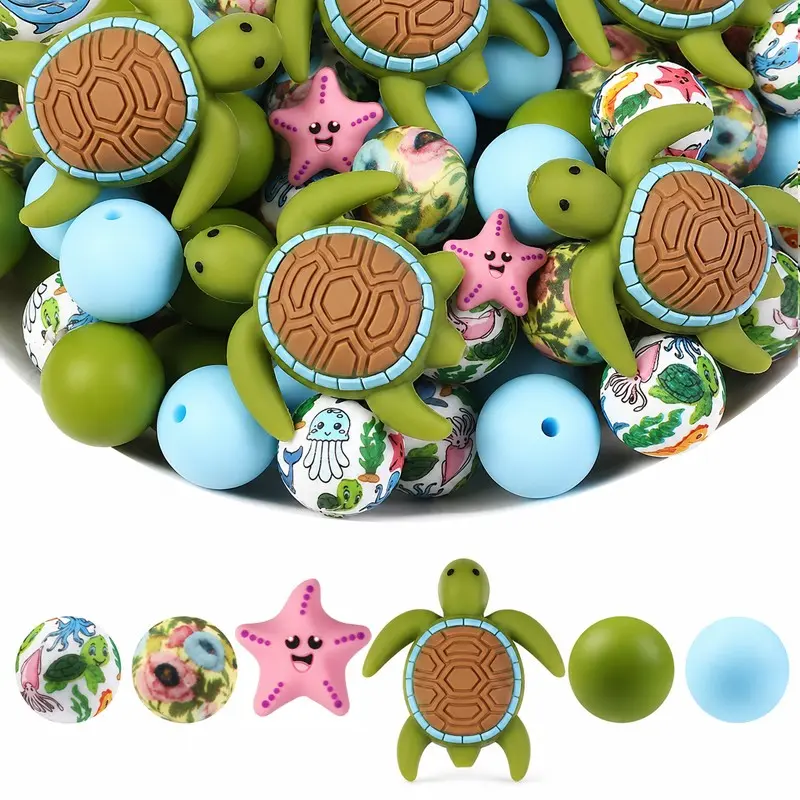 32pcs Turtle and Starfish Silicone Beads Set, Cute 3D Marine Life Focal Beads, DIY Bag Charms, Keychains, Handmade Crafts, Ideal Gift