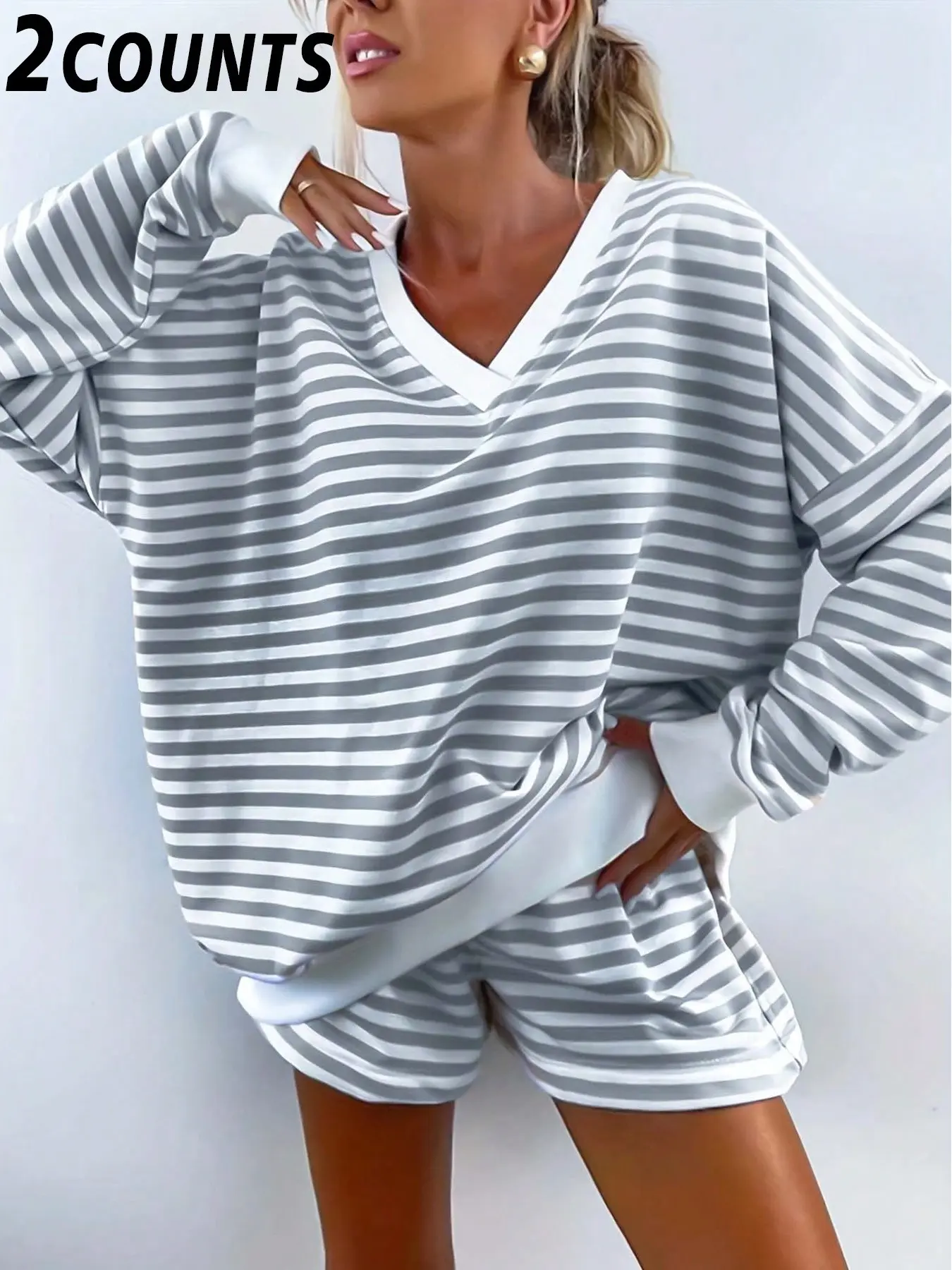 Women's Classic Striped Pajama Set, Long Sleeve Short Pants, V-Neck Design, Multiple Colors Available, Fashionable and Comfortable Sleepwear