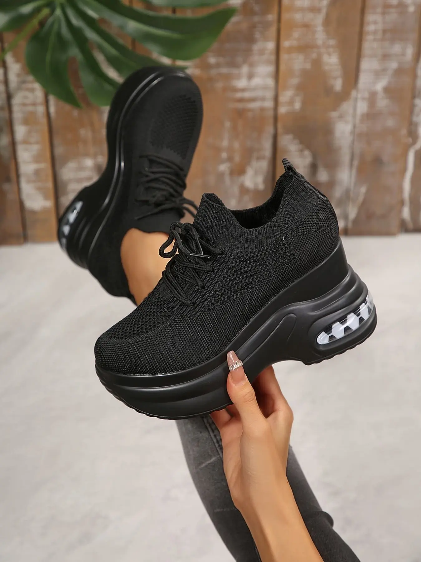 A Pair Of Slip On Lace Up Wedge Platform Sneakers, Stretchy Knit Upper That Fits Foot Shape, Air Cushion Thick Sole For Natural Height Increase, Sturdy Wearproof Outsole. Suitable For Night Walks, Short Trips And Lazy Casual Daily Looks All Year Round
