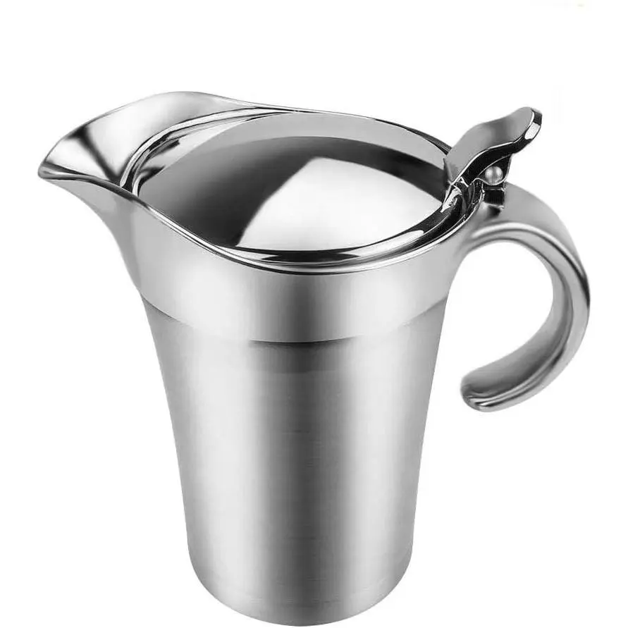 ShineMe 16oz Stainless Steel Gravy Boat with Lid - Double Wall Insulated Plastic-Lined Sauce Jug for Hot Sauce Storage, Home & Kitchen Tableware