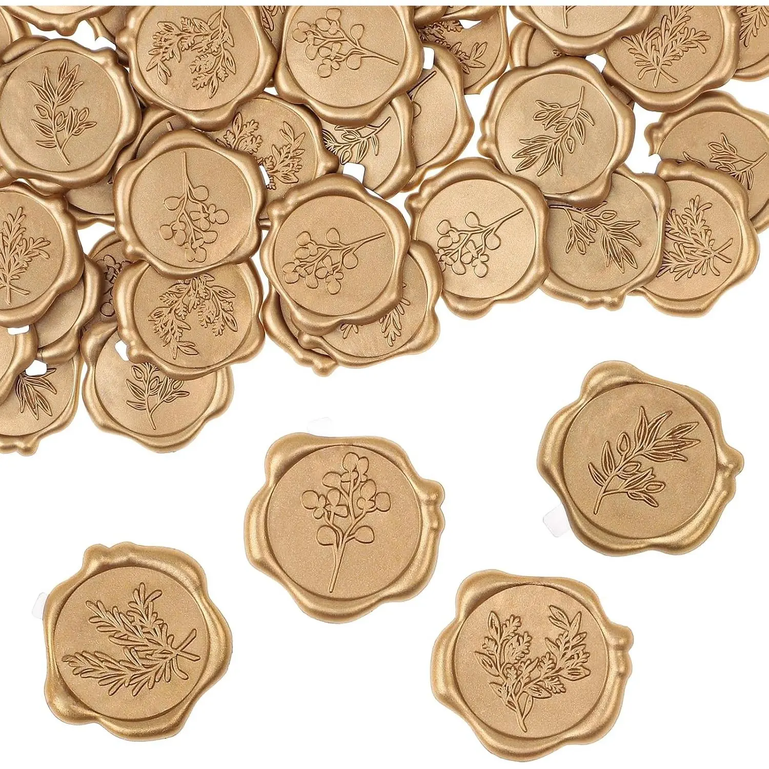 60Pcs Wax Seal Stickers, Wedding Invitation Envelope Seal Stickers Adhesive Backed Light Gold for Wedding, Mother's Day, Gift Wrapping (4 Leaf Styles)