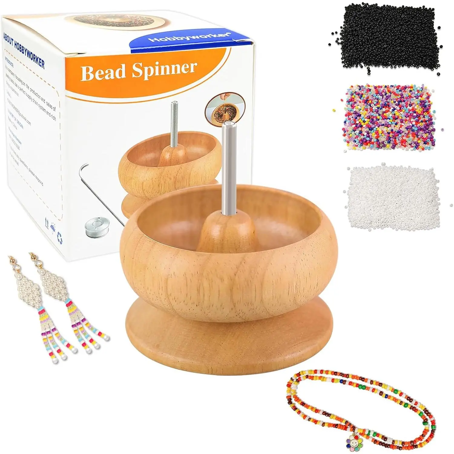 Upgrade Wooden Bead Spinner with 2 count Big ,8000 Pcs Seed Beads and 1   Pack for  Making Tools, Stringing Beads Tool, Manual Operated | Clay Bead Spinner with 2 count Big ,8000 Pcs Seed Beads for  Making Tools, Manual Operated