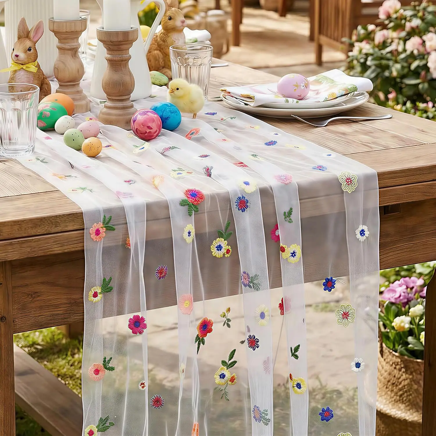 White Embroidered Floral Daisy Tulle Table Runner Birthday 10FT | Flower Sheer Table Runner Wedding Dining Garden Party Bridal Shower  120 Inch White Gauze Table Linen Elegant Setting