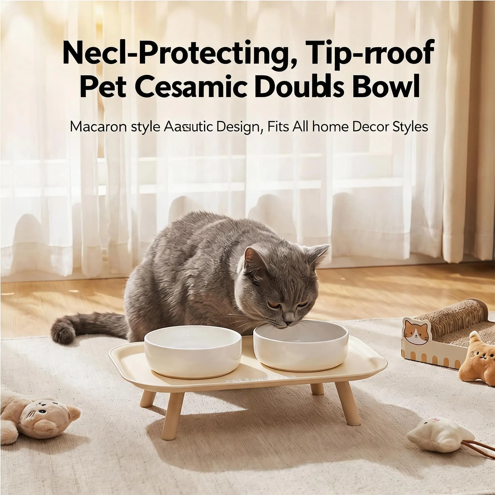Elevated Pet Neater Feeder Stand, Ceramic Dual Bowl Anti-Tip Cat Dog Bowl, Easy Clean Multi-Color Options, Suitable for Cats and Small Dogs